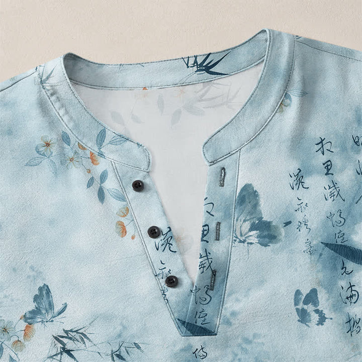 Buddha Stones Camisas de manga larga para hombre con cuello en V, cuello en V, estampado floral de mariposas y botones, de algodón. - image 11