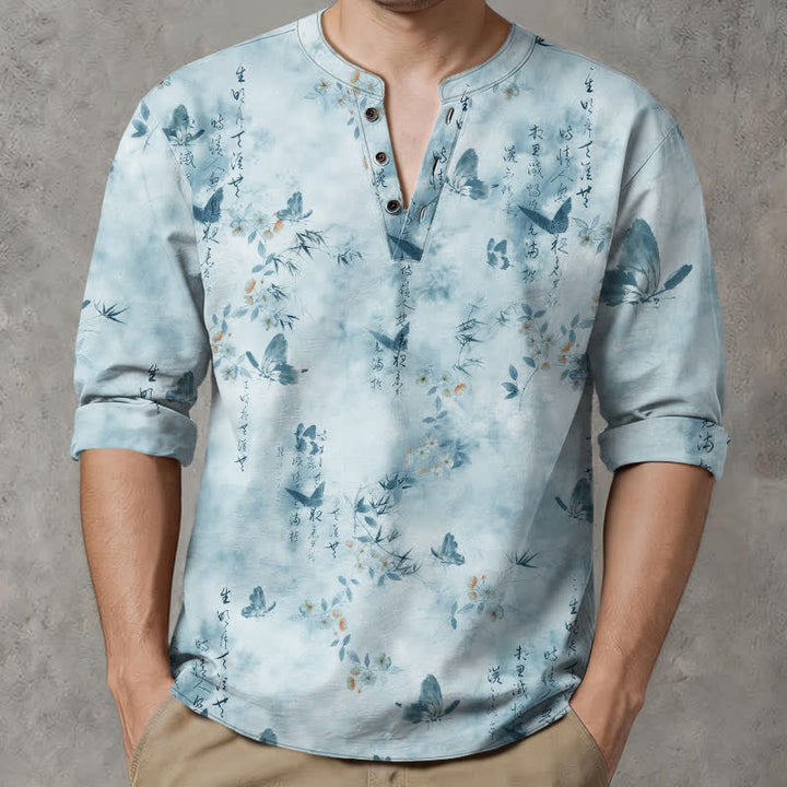 Buddha Stones Camisas de manga larga para hombre con cuello en V, cuello en V, estampado floral de mariposas y botones, de algodón. - image 8