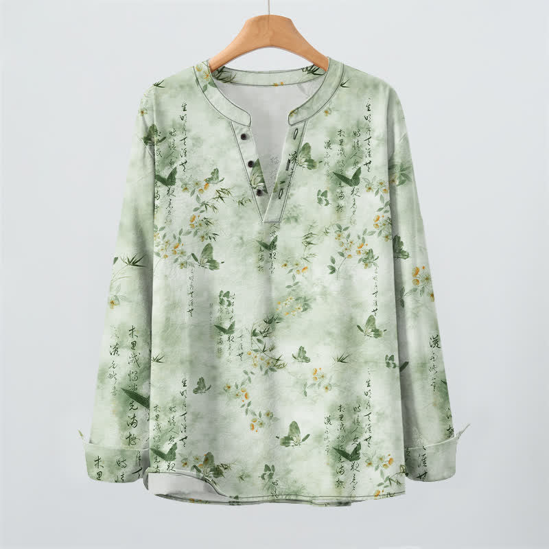 Buddha Stones Camisas de manga larga para hombre con cuello en V, cuello en V, estampado floral de mariposas y botones, de algodón. - image 16