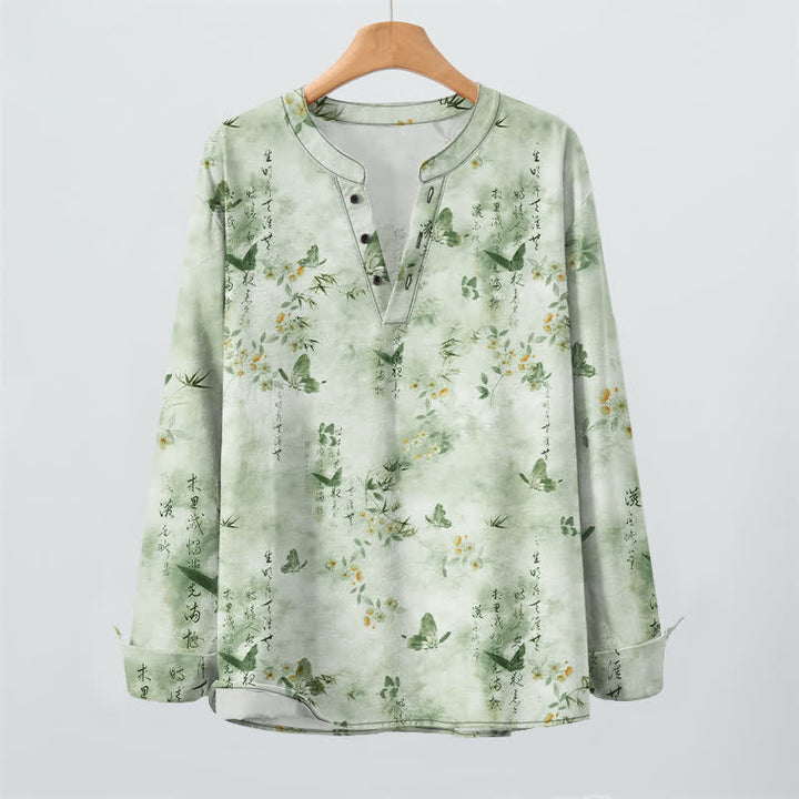 Buddha Stones Camisas de manga larga para hombre con cuello en V, cuello en V, estampado floral de mariposas y botones, de algodón. - image 16