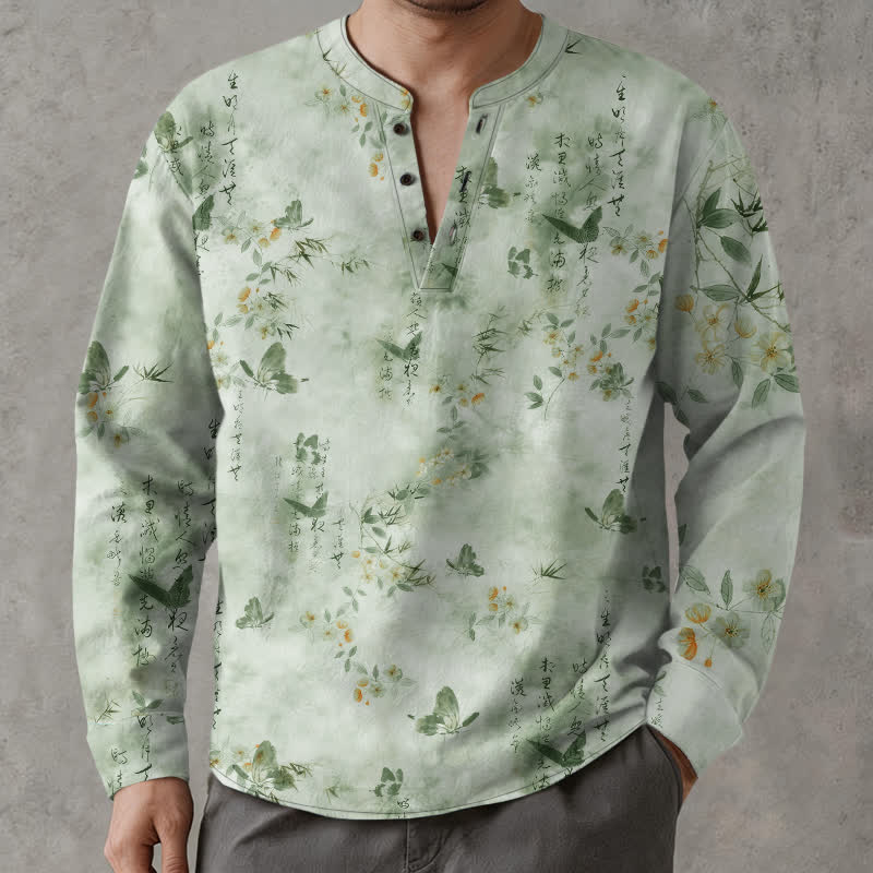 Buddha Stones Camisas de manga larga para hombre con cuello en V, cuello en V, estampado floral de mariposas y botones, de algodón. - Gotas de miel - US/UK/AU48, UE58 (4XL) - image 14