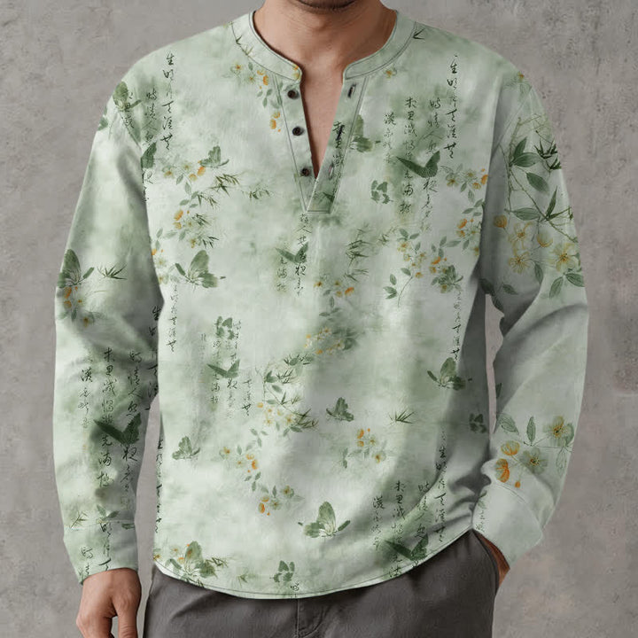 Buddha Stones Camisas de manga larga para hombre con cuello en V, cuello en V, estampado floral de mariposas y botones, de algodón. - Gotas de miel - US/UK/AU48, UE58 (4XL) - image 14