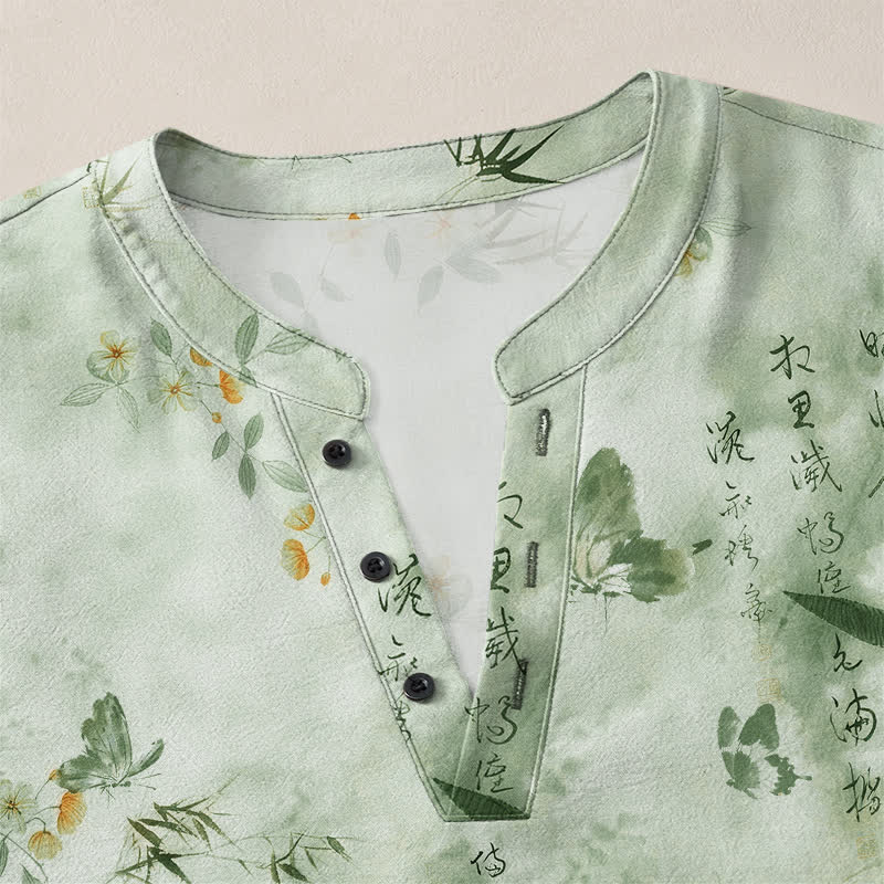 Buddha Stones Camisas de manga larga para hombre con cuello en V, cuello en V, estampado floral de mariposas y botones, de algodón. - image 18