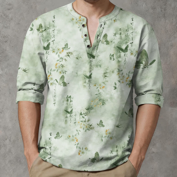 Buddha Stones Camisas de manga larga para hombre con cuello en V, cuello en V, estampado floral de mariposas y botones, de algodón. - image 15