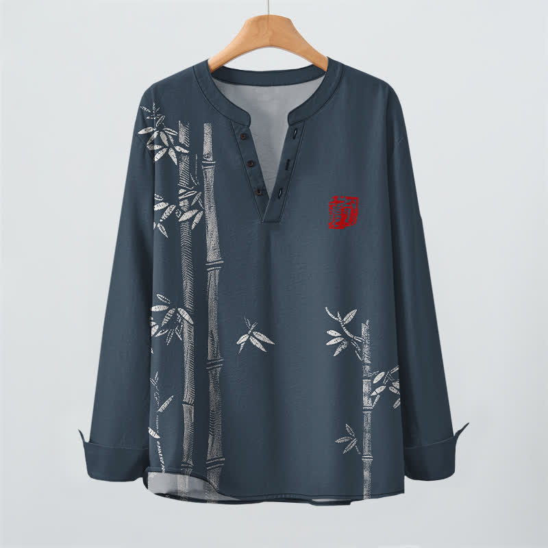 Buddha Stones Camisas de manga larga para hombre de algodón blanco con estampado de bambú, cuello en V y botones. - image 2