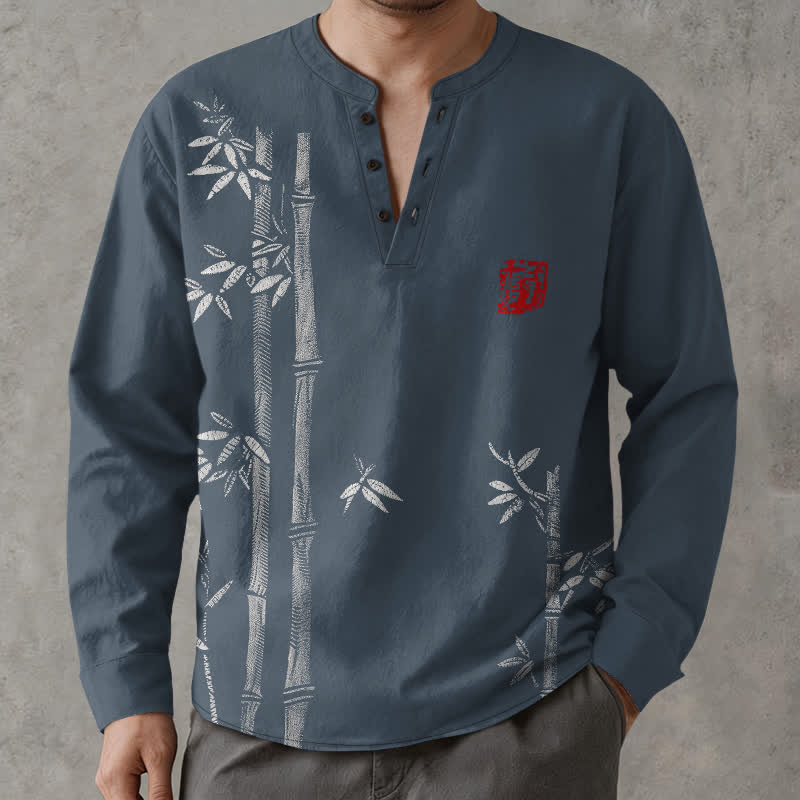 Buddha Stones Camisas de manga larga para hombre de algodón blanco con estampado de bambú, cuello en V y botones. - image 1