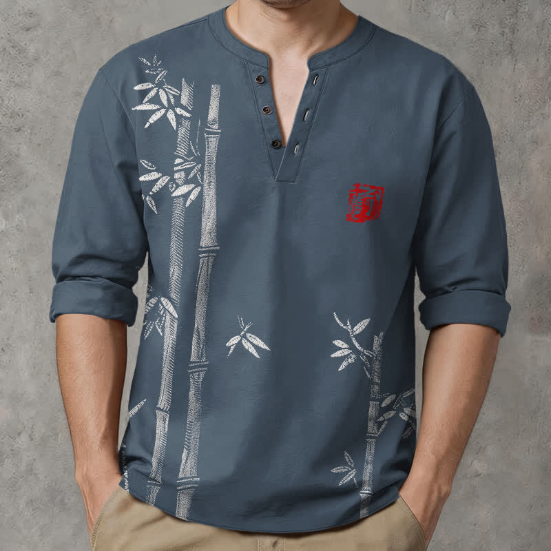 Buddha Stones Camisas de manga larga para hombre de algodón blanco con estampado de bambú, cuello en V y botones. - Azul acero - US/UK/AU48, UE58 (4XL) - image 0