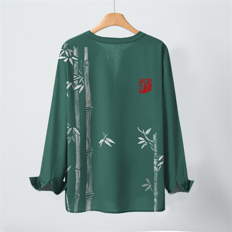 Buddha Stones Camisas de manga larga para hombre de algodón blanco con estampado de bambú, cuello en V y botones. - image 10