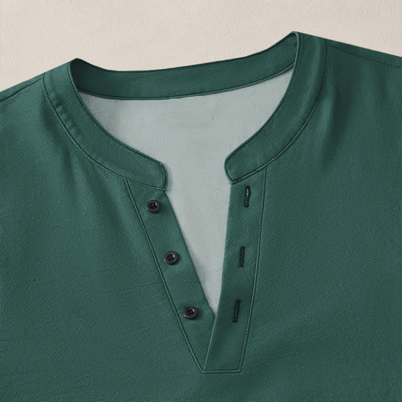 Buddha Stones Camisas de manga larga para hombre de algodón blanco con estampado de bambú, cuello en V y botones. - image 11