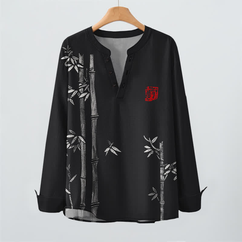 Buddha Stones Camisas de manga larga para hombre de algodón blanco con estampado de bambú, cuello en V y botones. - image 16