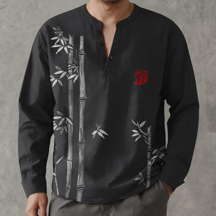 Buddha Stones Camisas de manga larga para hombre de algodón blanco con estampado de bambú, cuello en V y botones. - image 15