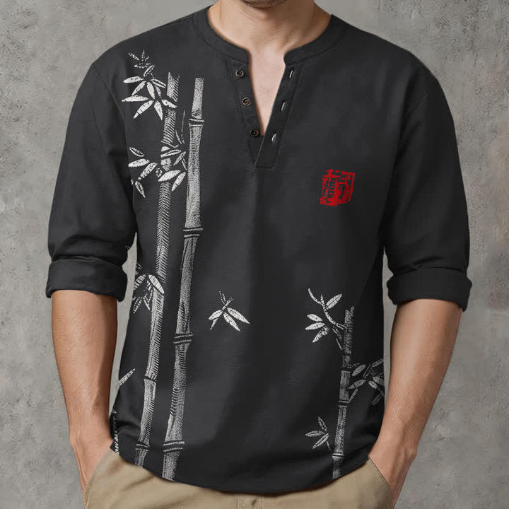 Buddha Stones Camisas de manga larga para hombre de algodón blanco con estampado de bambú, cuello en V y botones. - Negro - US/UK/AU48, UE58 (4XL) - image 14