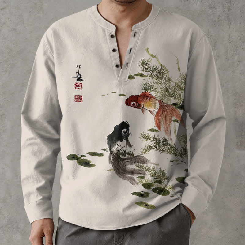 Buddha Stones Camisas de manga larga para hombre con cuello en V, estampado de algodón, peces koi, hojas de loto y hierba. - Lino - US/UK/AU48, UE58 (4XL) - image 0