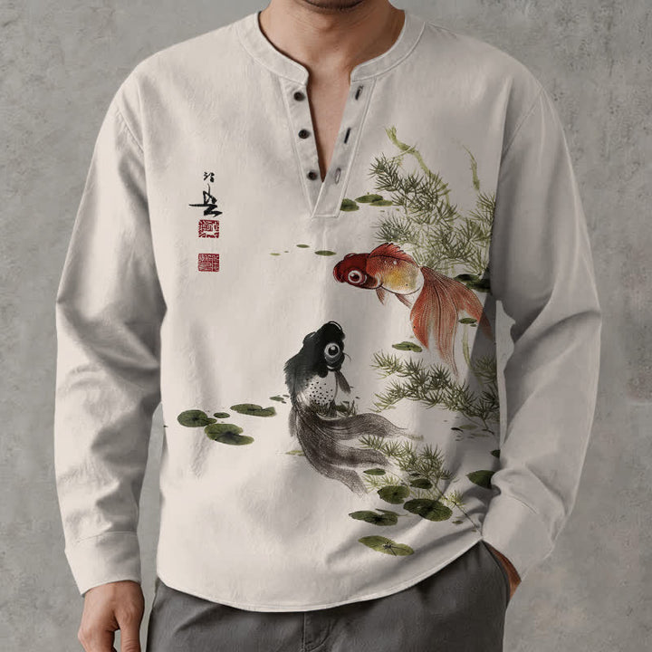 Buddha Stones Camisas de manga larga para hombre con cuello en V, estampado de algodón, peces koi, hojas de loto y hierba. - Lino - US/UK/AU48, UE58 (4XL) - image 0