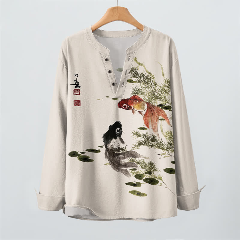 Buddha Stones Camisas de manga larga para hombre con cuello en V, estampado de algodón, peces koi, hojas de loto y hierba. - image 2