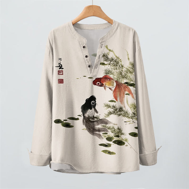 Buddha Stones Camisas de manga larga para hombre con cuello en V, estampado de algodón, peces koi, hojas de loto y hierba. - image 2