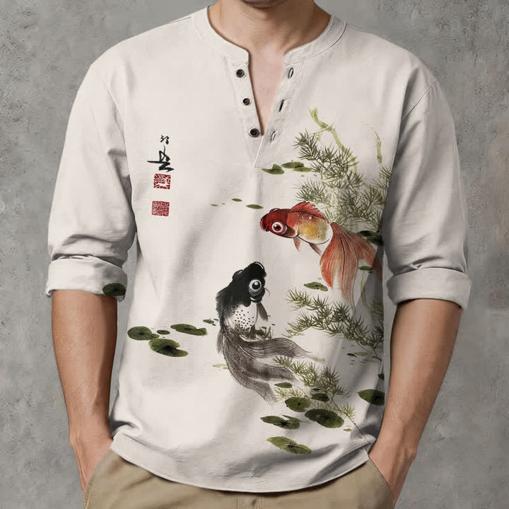 Buddha Stones Camisas de manga larga para hombre con cuello en V, estampado de algodón, peces koi, hojas de loto y hierba. - image 1