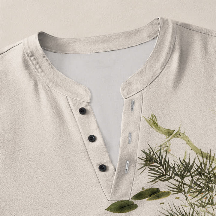 Buddha Stones Camisas de manga larga para hombre con cuello en V, estampado de algodón, peces koi, hojas de loto y hierba. - image 4