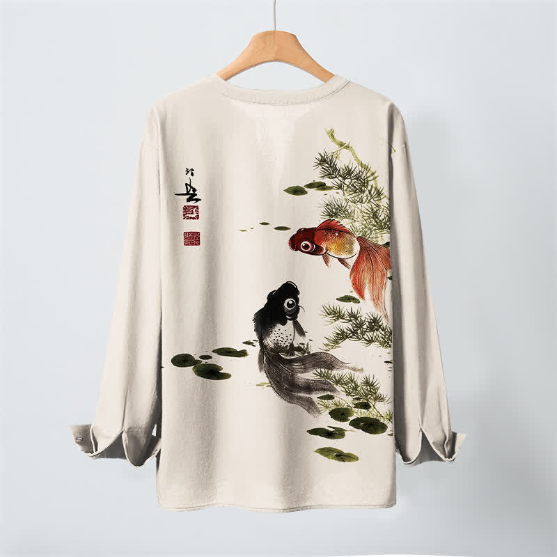 Buddha Stones Camisas de manga larga para hombre con cuello en V, estampado de algodón, peces koi, hojas de loto y hierba. - image 3