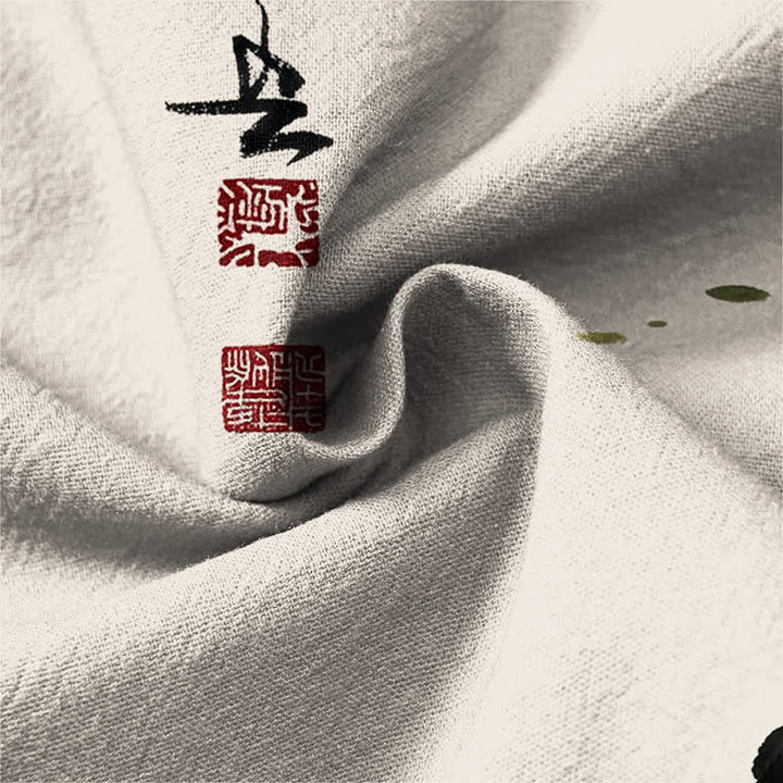 Buddha Stones Camisas de manga larga para hombre con cuello en V, estampado de algodón, peces koi, hojas de loto y hierba. - image 6