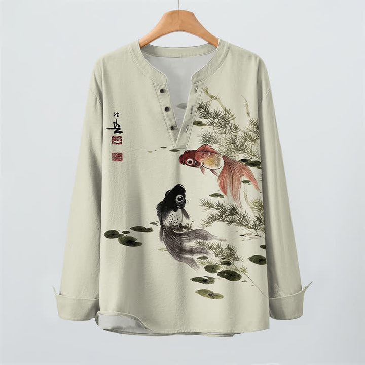 Buddha Stones Camisas de manga larga para hombre con cuello en V, estampado de algodón, peces koi, hojas de loto y hierba. - image 9
