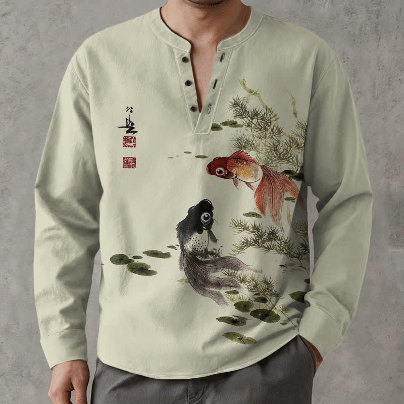 Buddha Stones Camisas de manga larga para hombre con cuello en V, estampado de algodón, peces koi, hojas de loto y hierba. - Gotas de miel - US/UK/AU48, UE58 (4XL) - image 7
