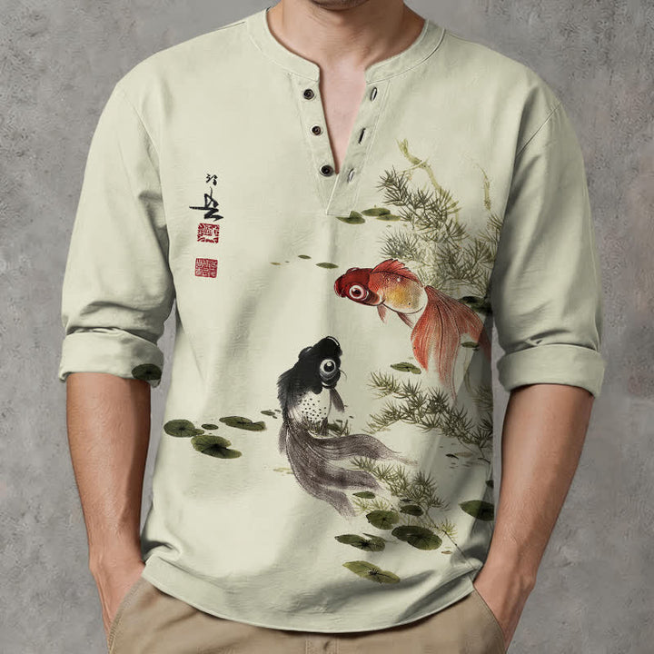 Buddha Stones Camisas de manga larga para hombre con cuello en V, estampado de algodón, peces koi, hojas de loto y hierba. - image 8