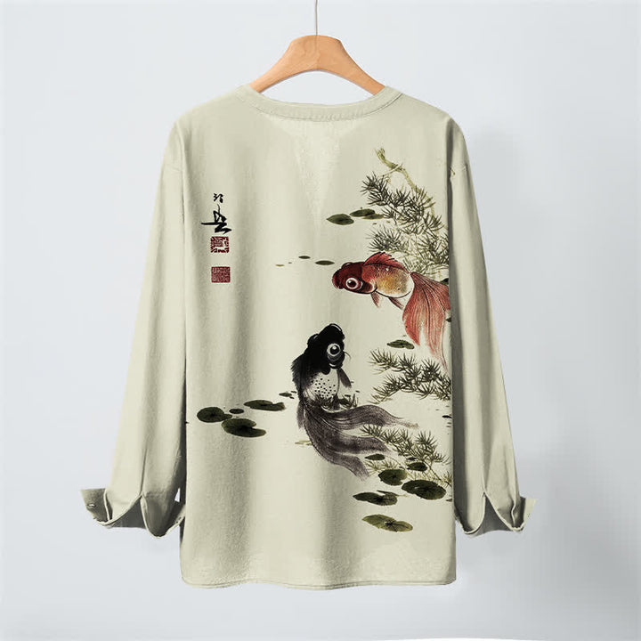 Buddha Stones Camisas de manga larga para hombre con cuello en V, estampado de algodón, peces koi, hojas de loto y hierba. - image 10