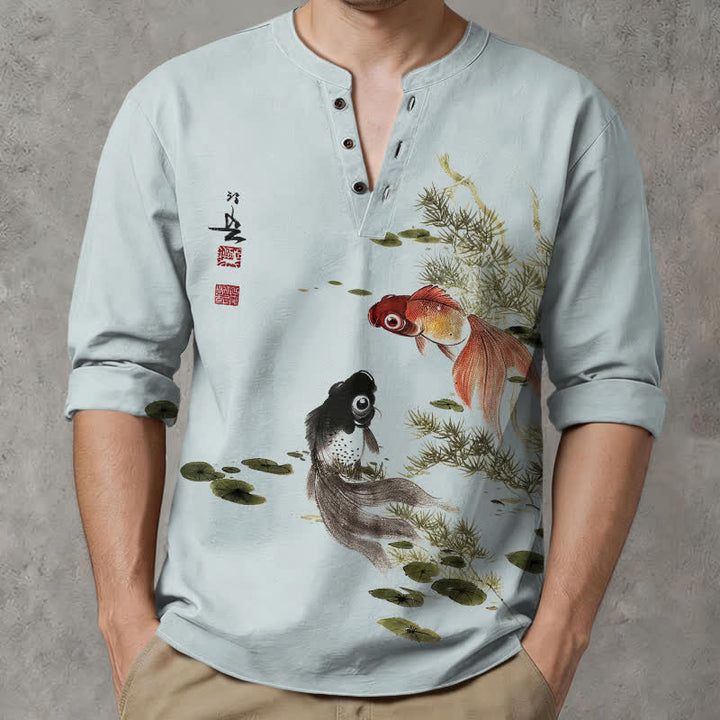 Buddha Stones Camisas de manga larga para hombre con cuello en V, estampado de algodón, peces koi, hojas de loto y hierba. - image 15