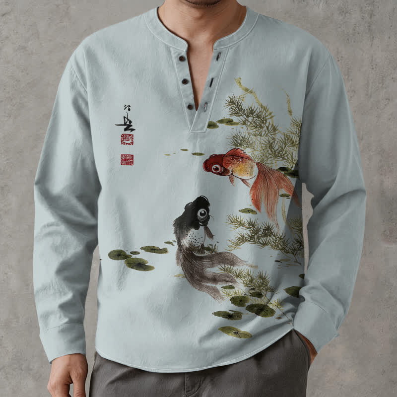 Buddha Stones Camisas de manga larga para hombre con cuello en V, estampado de algodón, peces koi, hojas de loto y hierba. - Azul claro - US/UK/AU48, UE58 (4XL) - image 14