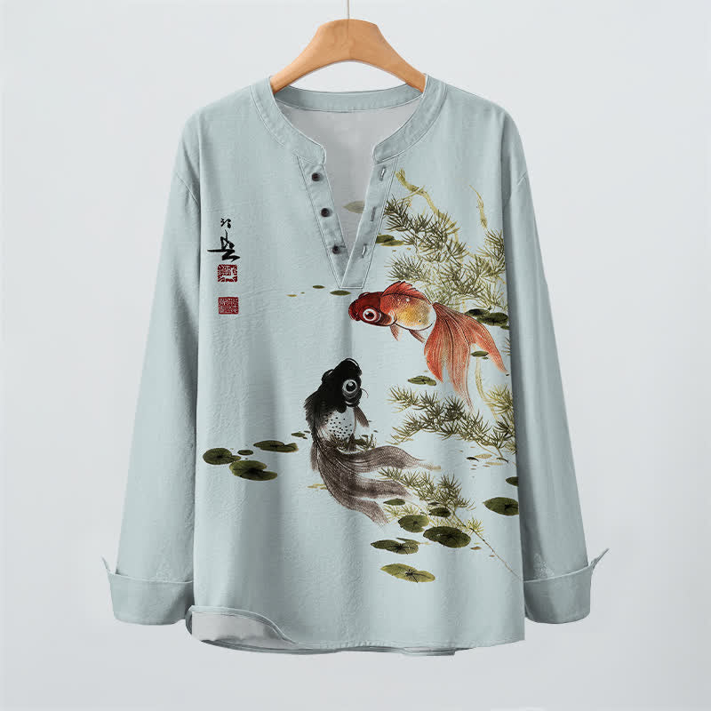 Buddha Stones Camisas de manga larga para hombre con cuello en V, estampado de algodón, peces koi, hojas de loto y hierba. - image 16