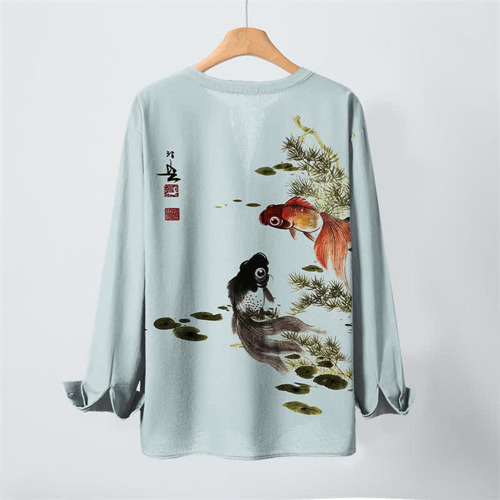 Buddha Stones Camisas de manga larga para hombre con cuello en V, estampado de algodón, peces koi, hojas de loto y hierba. - image 17