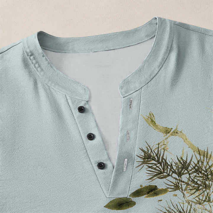 Buddha Stones Camisas de manga larga para hombre con cuello en V, estampado de algodón, peces koi, hojas de loto y hierba. - image 18