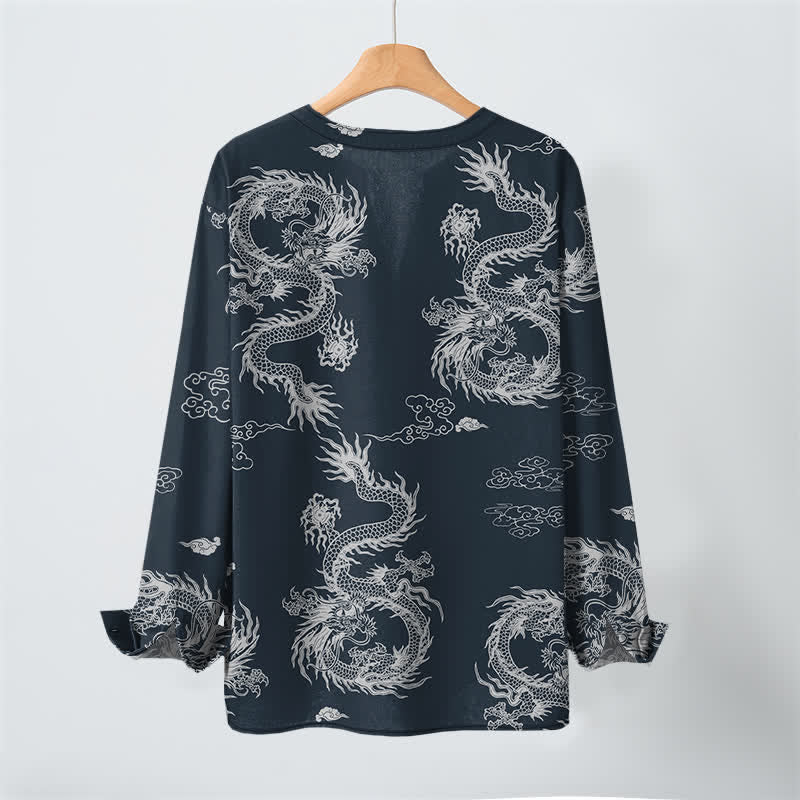 Buddha Stones Camisas de manga larga para hombre de algodón con cuello en V, estampado de nube de dragón blanco oriental y botones. - image 3