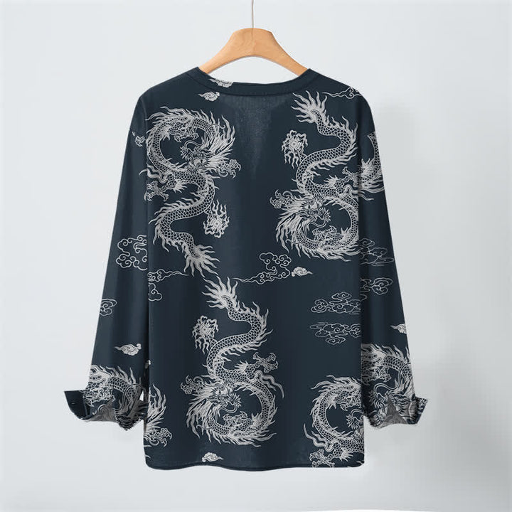 Buddha Stones Camisas de manga larga para hombre de algodón con cuello en V, estampado de nube de dragón blanco oriental y botones. - image 3