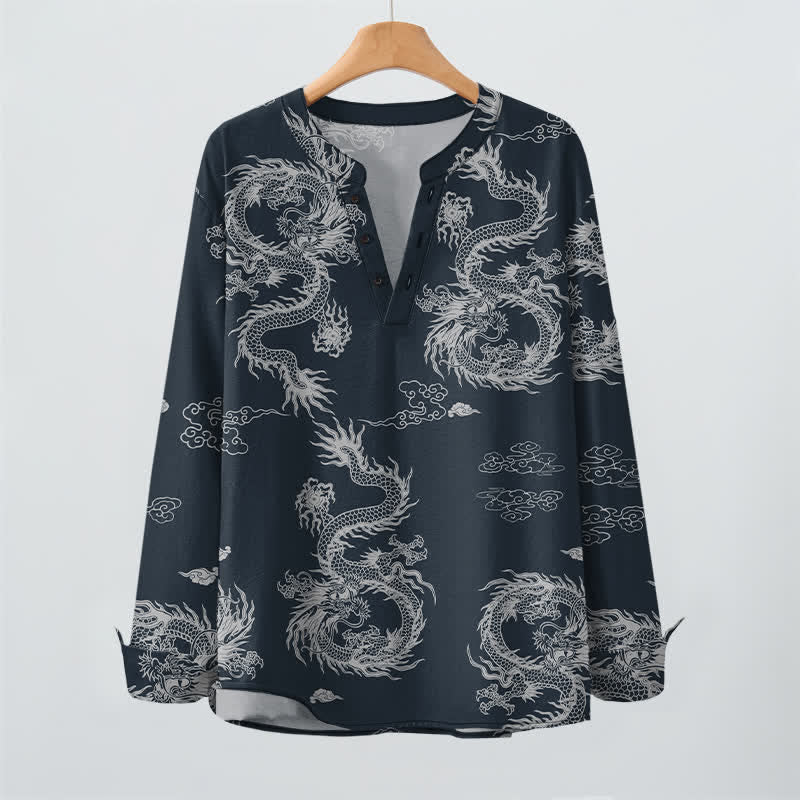 Buddha Stones Camisas de manga larga para hombre de algodón con cuello en V, estampado de nube de dragón blanco oriental y botones. - image 2