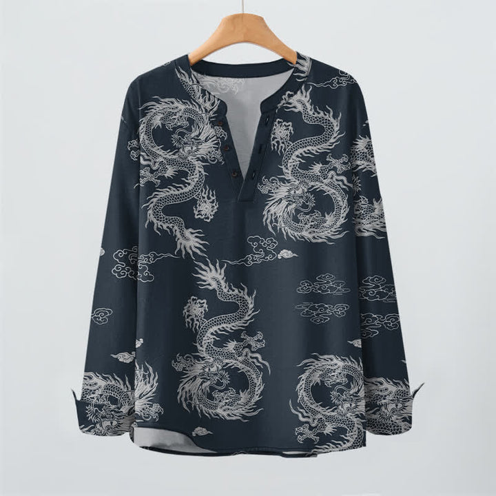Buddha Stones Camisas de manga larga para hombre de algodón con cuello en V, estampado de nube de dragón blanco oriental y botones. - image 2