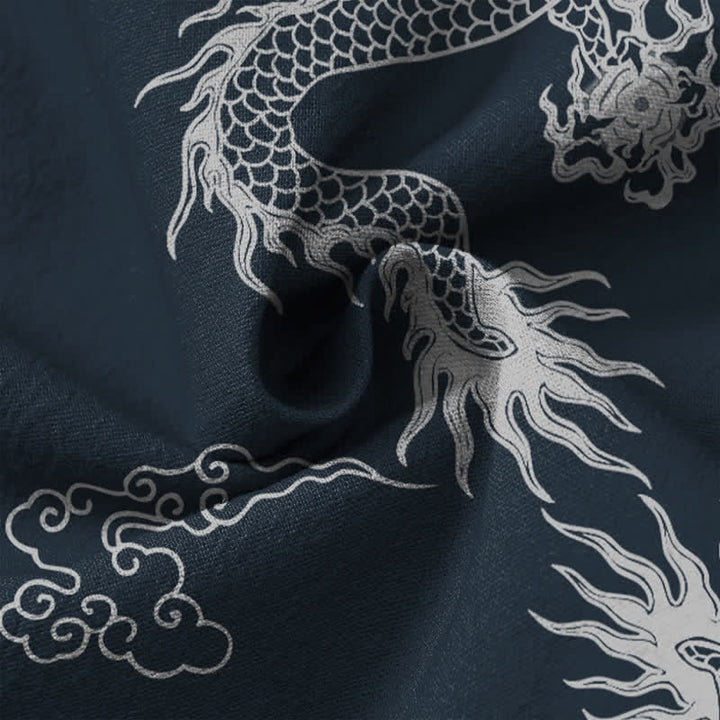 Buddha Stones Camisas de manga larga para hombre de algodón con cuello en V, estampado de nube de dragón blanco oriental y botones. - image 6