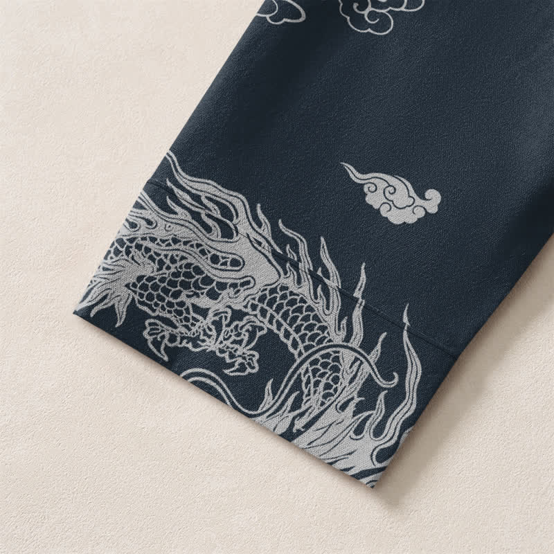 Buddha Stones Camisas de manga larga para hombre de algodón con cuello en V, estampado de nube de dragón blanco oriental y botones. - image 5