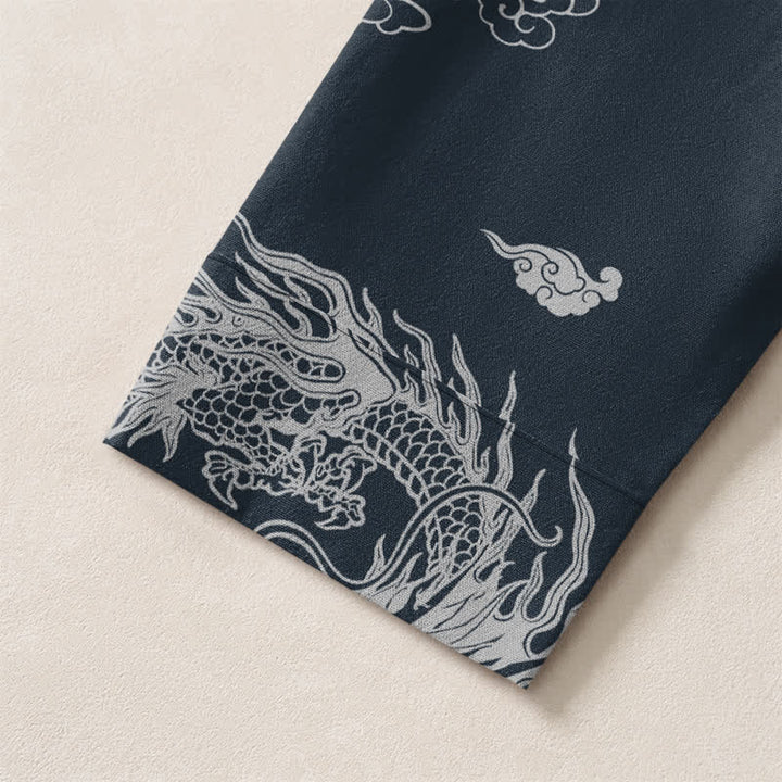 Buddha Stones Camisas de manga larga para hombre de algodón con cuello en V, estampado de nube de dragón blanco oriental y botones. - image 5