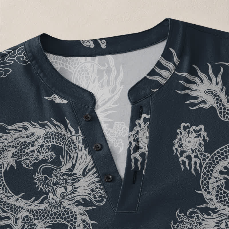 Buddha Stones Camisas de manga larga para hombre de algodón con cuello en V, estampado de nube de dragón blanco oriental y botones. - image 4