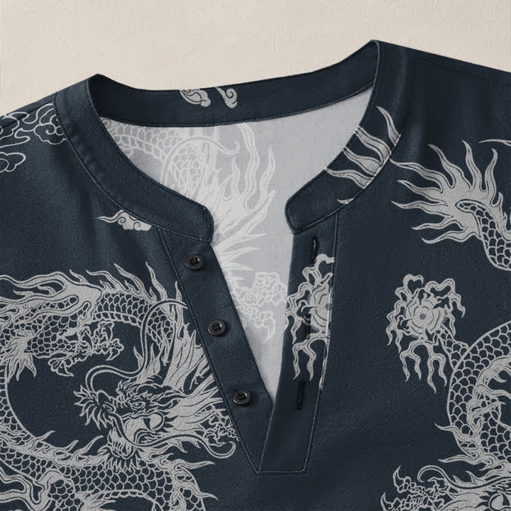 Buddha Stones Camisas de manga larga para hombre de algodón con cuello en V, estampado de nube de dragón blanco oriental y botones. - image 4