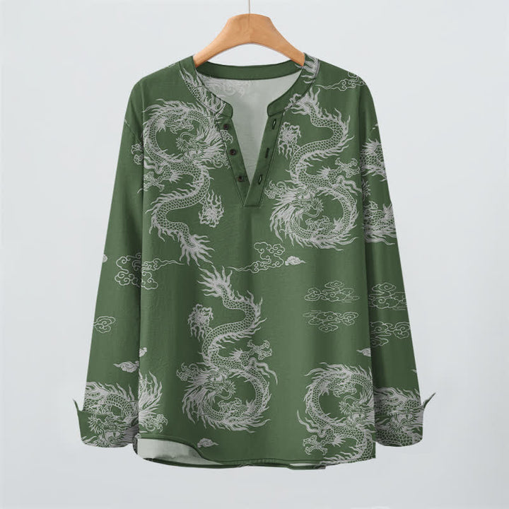 Buddha Stones Camisas de manga larga para hombre de algodón con cuello en V, estampado de nube de dragón blanco oriental y botones. - image 9