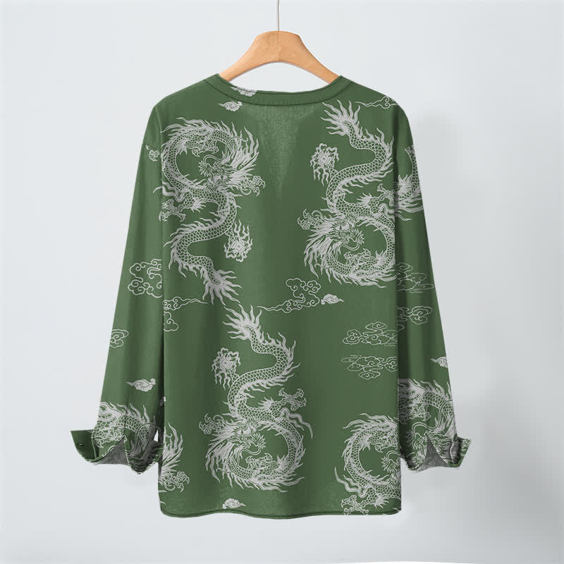 Buddha Stones Camisas de manga larga para hombre de algodón con cuello en V, estampado de nube de dragón blanco oriental y botones. - image 10