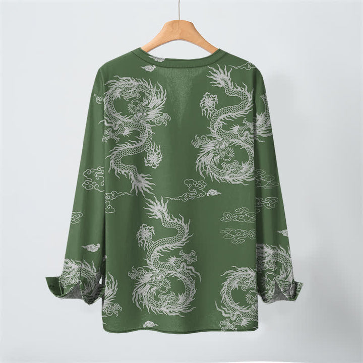 Buddha Stones Camisas de manga larga para hombre de algodón con cuello en V, estampado de nube de dragón blanco oriental y botones. - image 10