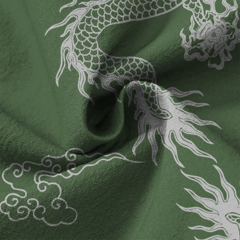 Buddha Stones Camisas de manga larga para hombre de algodón con cuello en V, estampado de nube de dragón blanco oriental y botones. - image 13