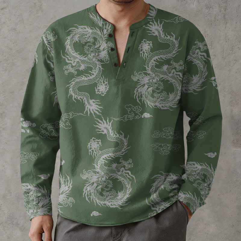 Buddha Stones Camisas de manga larga para hombre de algodón con cuello en V, estampado de nube de dragón blanco oriental y botones. - image 8