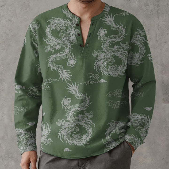 Buddha Stones Camisas de manga larga para hombre de algodón con cuello en V, estampado de nube de dragón blanco oriental y botones. - image 8