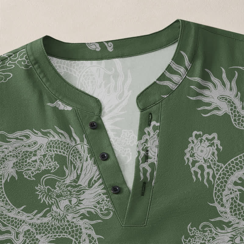 Buddha Stones Camisas de manga larga para hombre de algodón con cuello en V, estampado de nube de dragón blanco oriental y botones. - image 11
