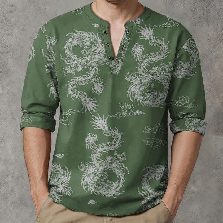 Buddha Stones Camisas de manga larga para hombre de algodón con cuello en V, estampado de nube de dragón blanco oriental y botones. - Verde oliva - US/UK/AU48, UE58 (4XL) - image 7
